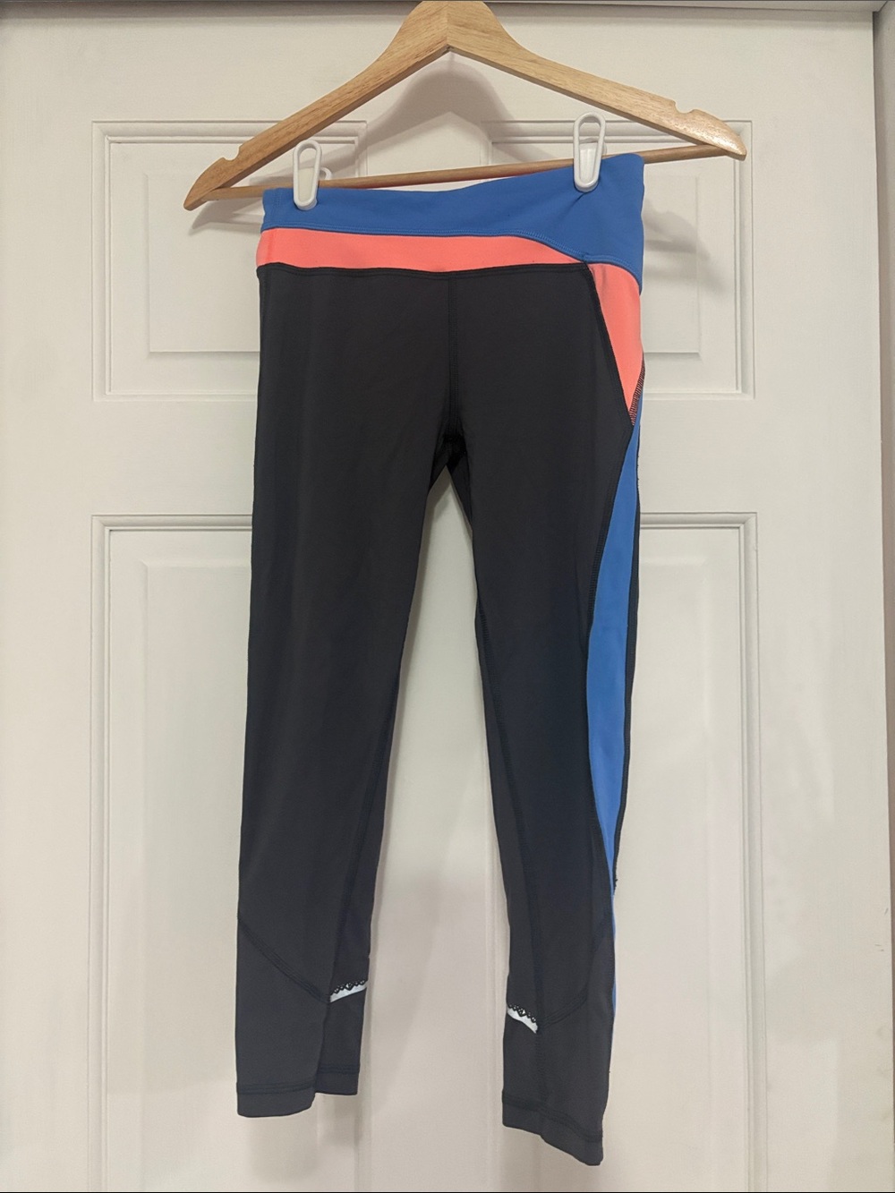 Ivivva Black Leggings with Blue and Coral Panels